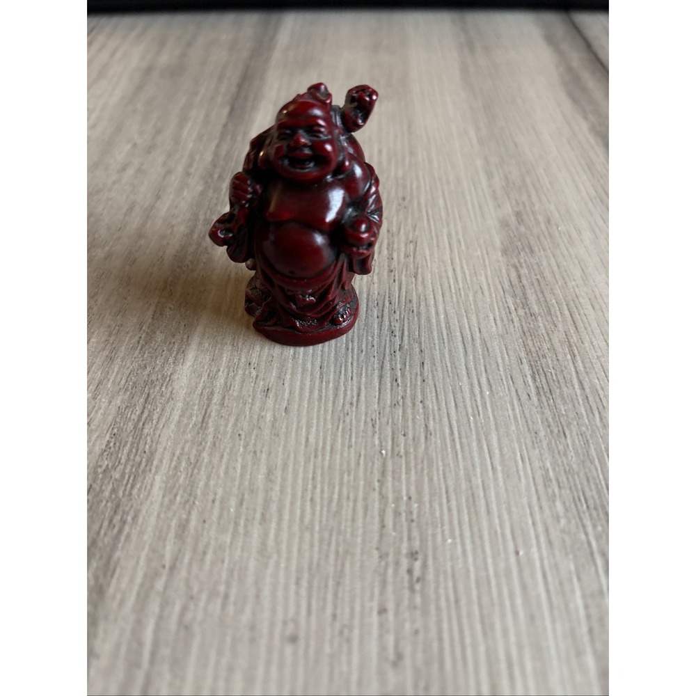 Vintage Red Resin Hotei Laughing Buddha Happiness Good Luck Statue 3" Tall